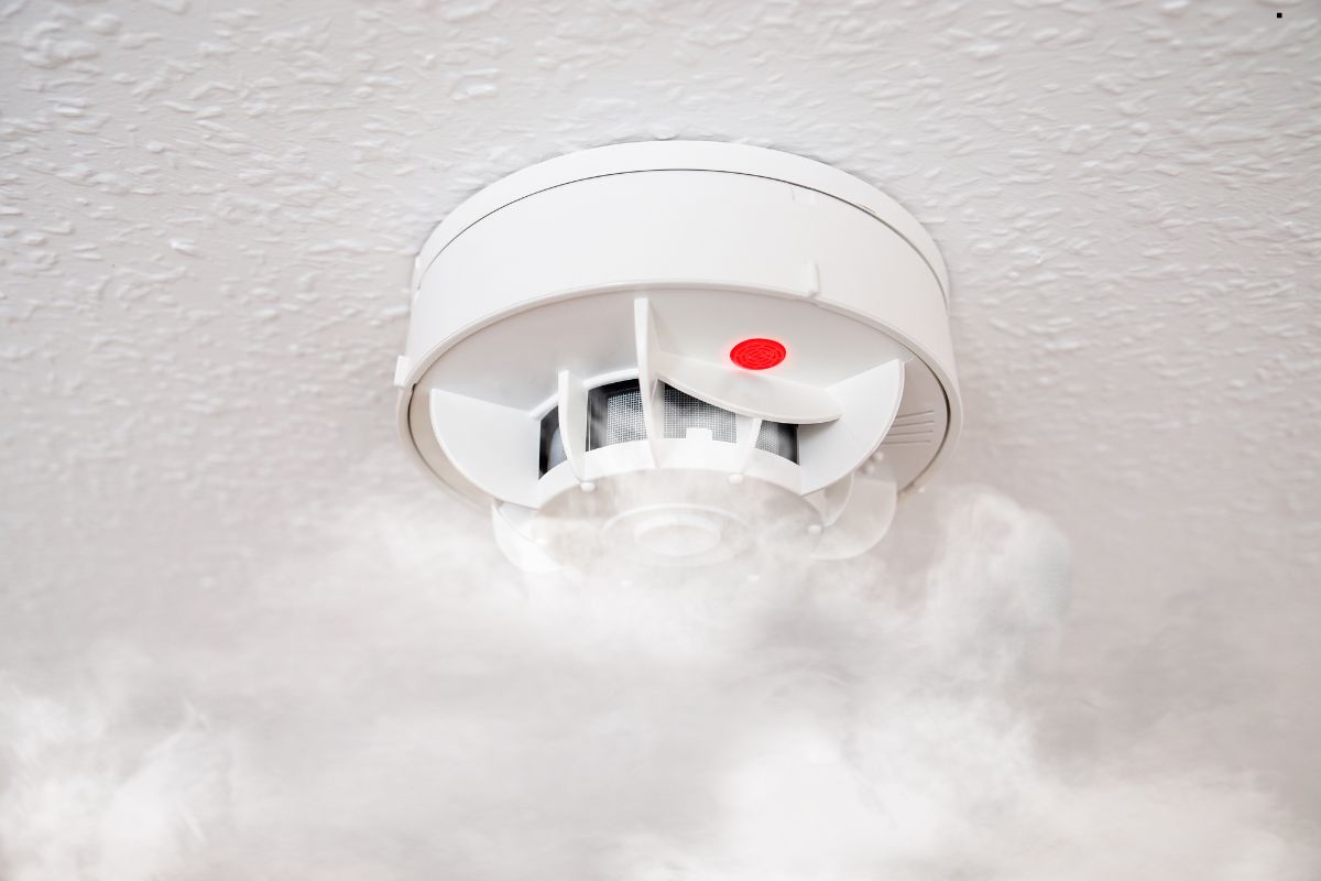 A smoke detector mounted on the ceiling, part of an Intrusion Detection System for enhanced safety and security.