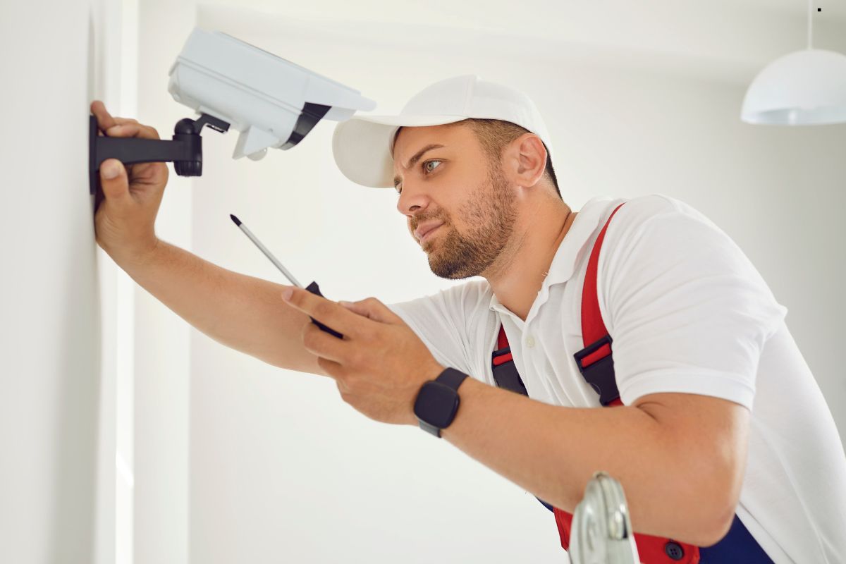  A man wearing a white shirt and hat repairs a camera as part of a home security setup.