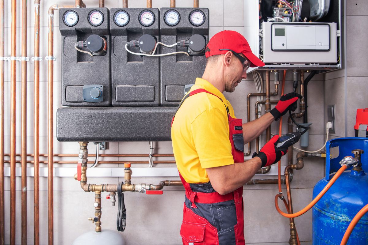 A man in red and yellow attire is servicing a gas furnace, ensuring optimal performance for the Intrusion Detection System.