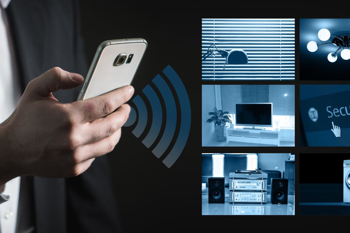 A man in a suit holding a smartphone, representing smart home security technology.